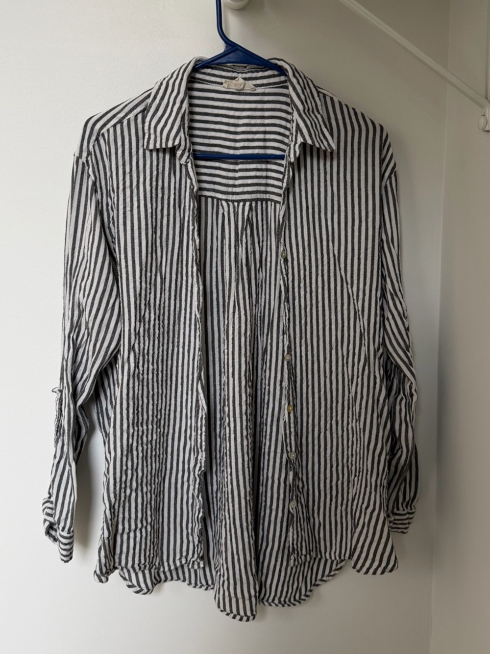 Women's Black and White Striped Oversized Button Front Shirt, size M
